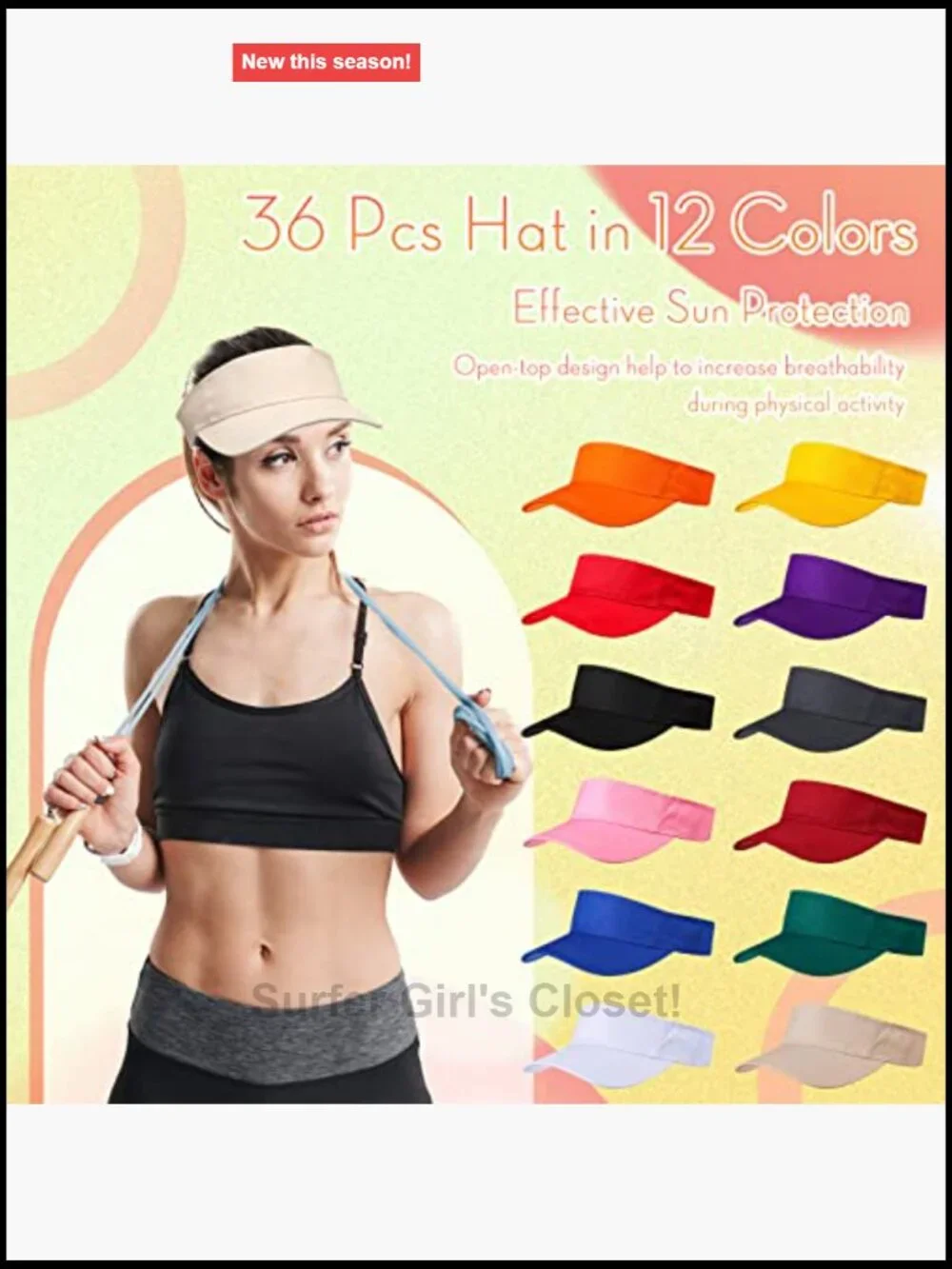 36 Pack Sun Visor Hats Adjustable Athletic Golf Cap UV Protection Sport Visor
